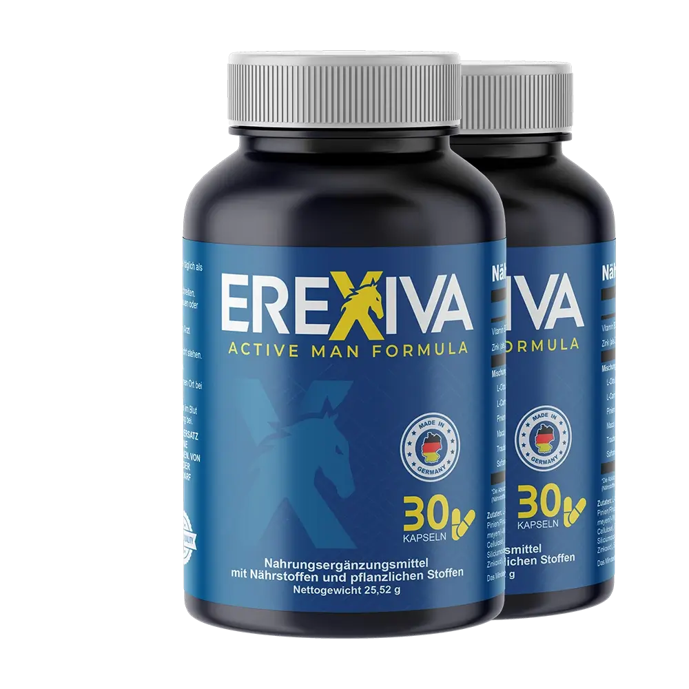 Erexiva capsule bottle shown for a men's daily wellness routine