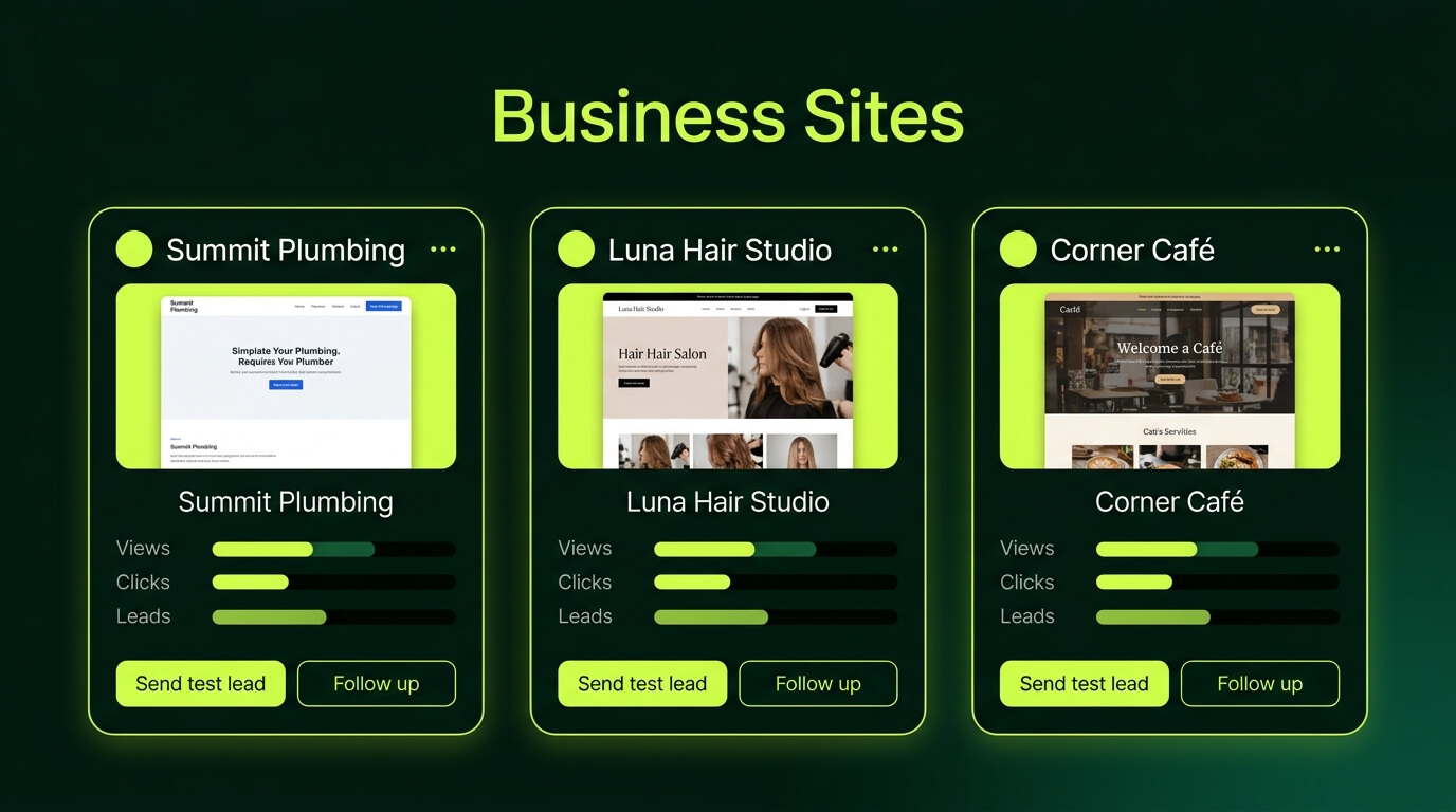 ProfitMaps AI business sites screen listing AI-built websites with views, clicks and leads