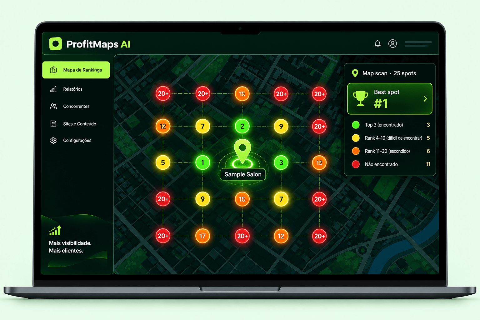 ProfitMaps AI scan result: a 5x5 grid of map ranks around a sample business